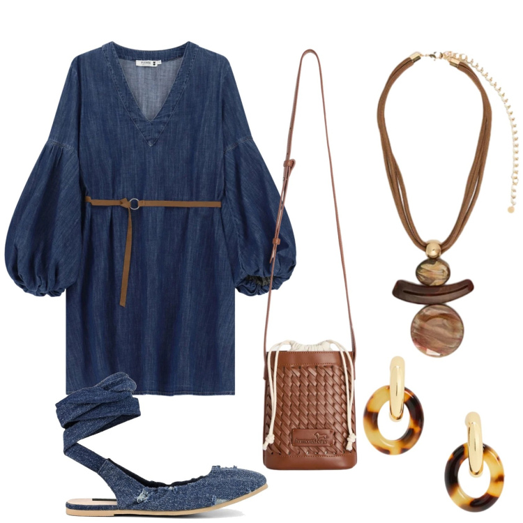 Outfit donna - Pomeriggio casual. Stile Casual per Tutti i giorni. Abbinamento con borse a secchiello, vestiti corti, ciondoli, orecchini, ballerine.