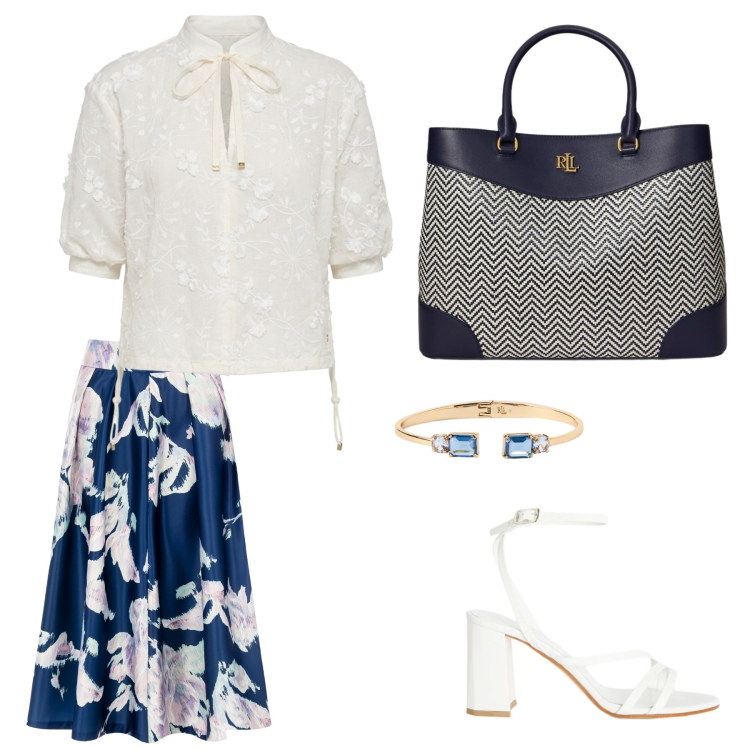 Outfit donna - Voglia di bianco e blu. Stile Chic per Serata fuori. Abbinamento con sandali in pelle, bluse, gonne longuette, braccialetti, borse a mano.