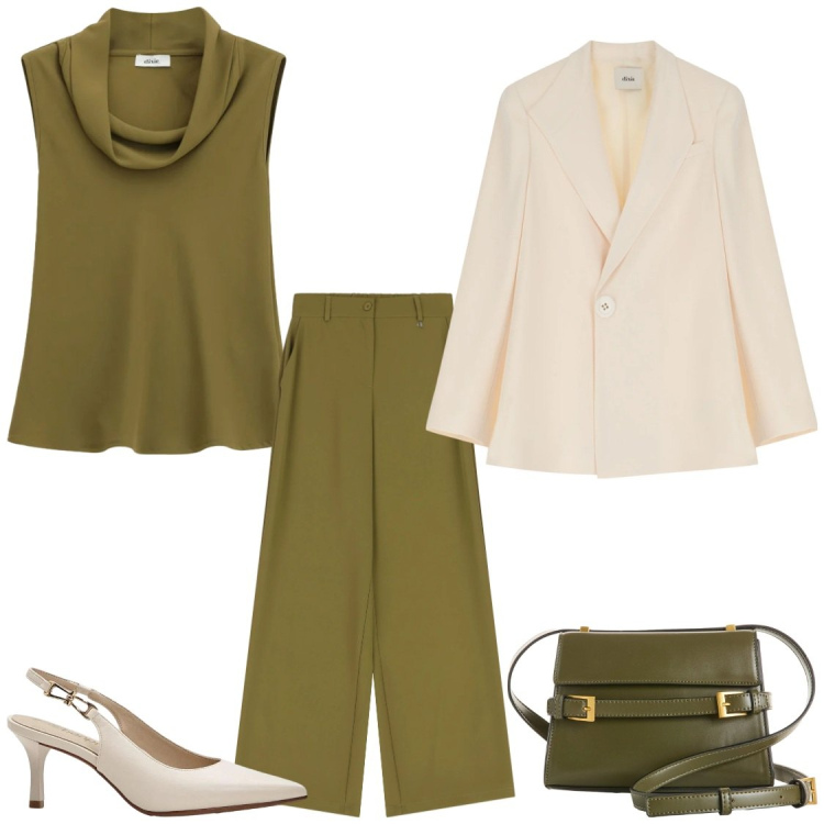 Outfit donna - Ufficio#lowcost. Stile Chic per Ufficio. Abbinamento con borse a tracolla, décolleté, blazer, pantaloni a palazzo, top.