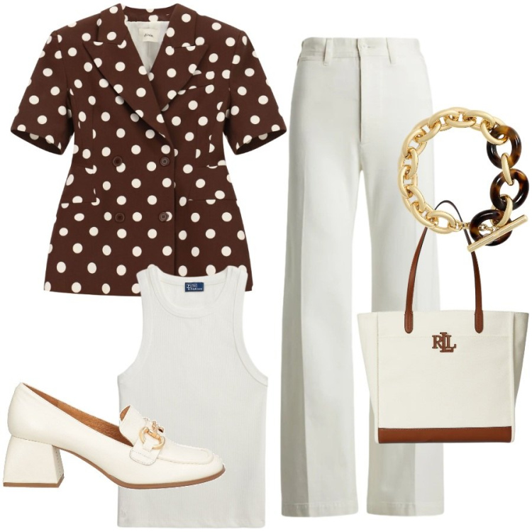 Outfit donna - Aperitivo a mezzogiorno. Stile Casual chic per Tutti i giorni. Abbinamento con mocassini, blazer, pantaloni, braccialetti, borse tote, canottiere.