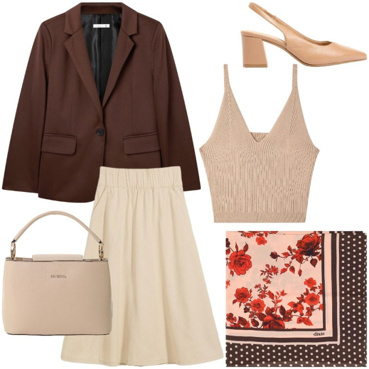 Outfit donna - Un foulard a maggio. Stile Casual chic per Ufficio. Abbinamento con gonne, décolleté, canottiere, blazer, borse a secchiello, foulard.