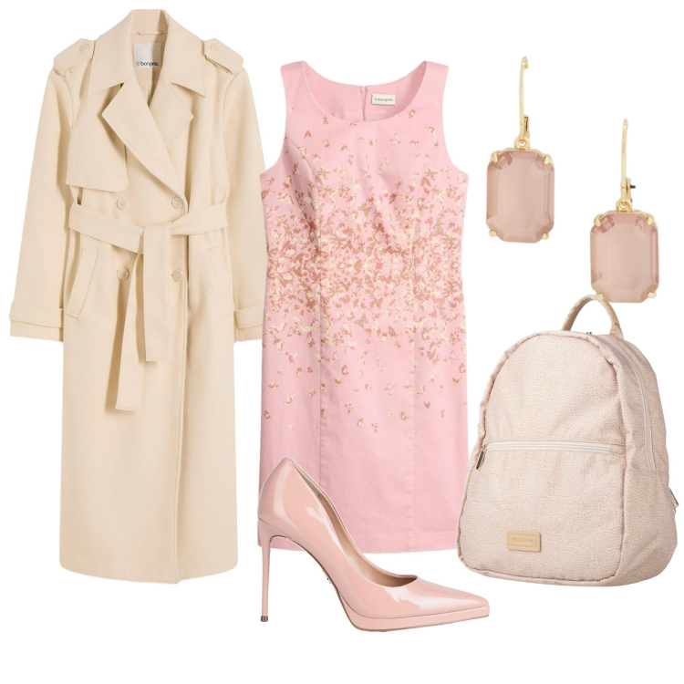 Outfit donna - Cocktail nel rooftop. Stile Bon Ton per Serata fuori. Abbinamento con décolleté, zaini, trench, vestiti a tubino, orecchini.