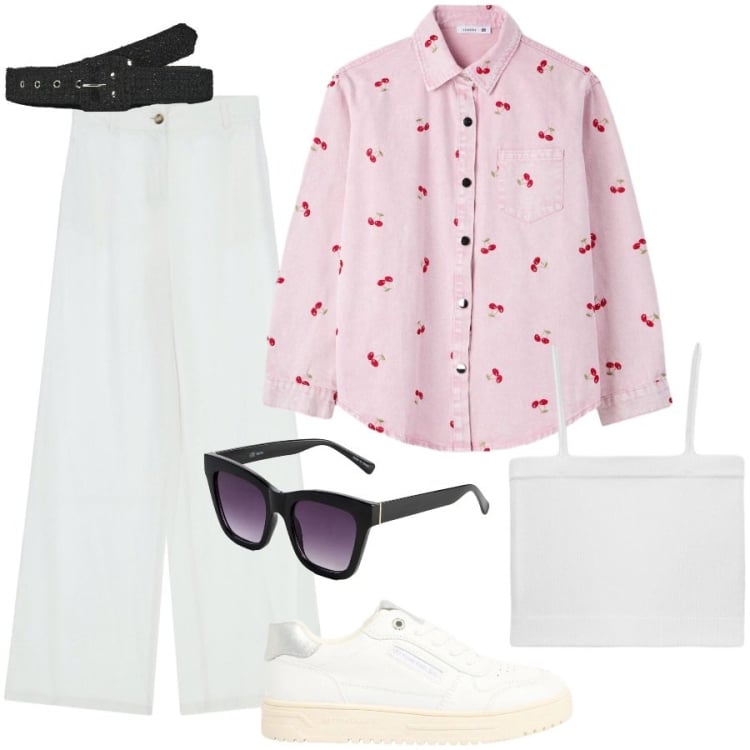 Outfit donna - Tempo libero. Stile Casual chic per Tutti i giorni. Abbinamento con occhiali da sole, sneakers, cinture, top, camicie, pantaloni.
