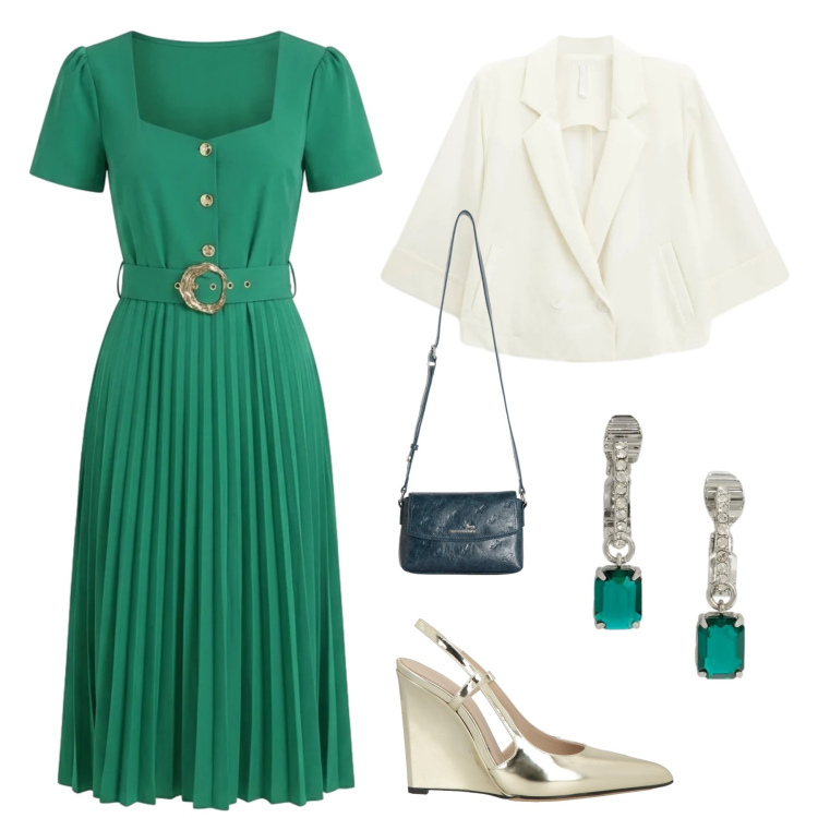 Outfit donna - Invitata al matrimonio. Stile Chic per Cerimonia. Abbinamento con décolleté, borse a tracolla, blazer, vestiti midi/longuette, orecchini.