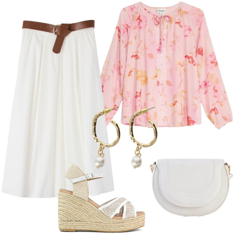 Outfit donna - Total look #2399936. Stile Boho per Tutti i giorni. Abbinamento con borse a tracolla, bluse, gonne longuette, orecchini, zeppe.