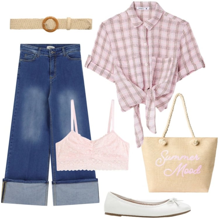 Outfit donna - Total look #2399940. Stile Casual per Tutti i giorni. Abbinamento con ballerine, reggiseni, borse tote, cinture, camicie a manica corta, jeans dritti.