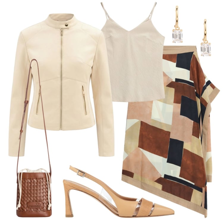 Outfit donna - Toni caldi per serate primaverili. Stile Glamour per Serata fuori. Abbinamento con décolleté, borse a secchiello, canottiere, giacche, gonne longuette, orecchini.