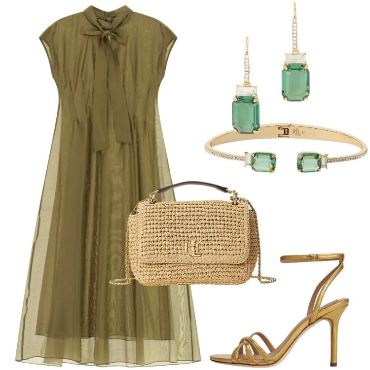 Outfit donna - Total look #2399942. Stile Chic per Cerimonia. Abbinamento con vestiti lunghi, borse a spalla, sandali in pelle, orecchini, braccialetti.