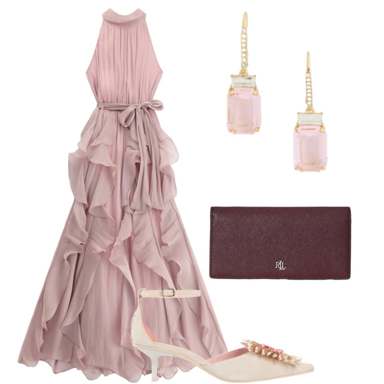 Outfit donna - Cerimonia romantica. Stile Bon Ton per Cerimonia. Abbinamento con décolleté, vestiti lunghi, portafogli, orecchini.