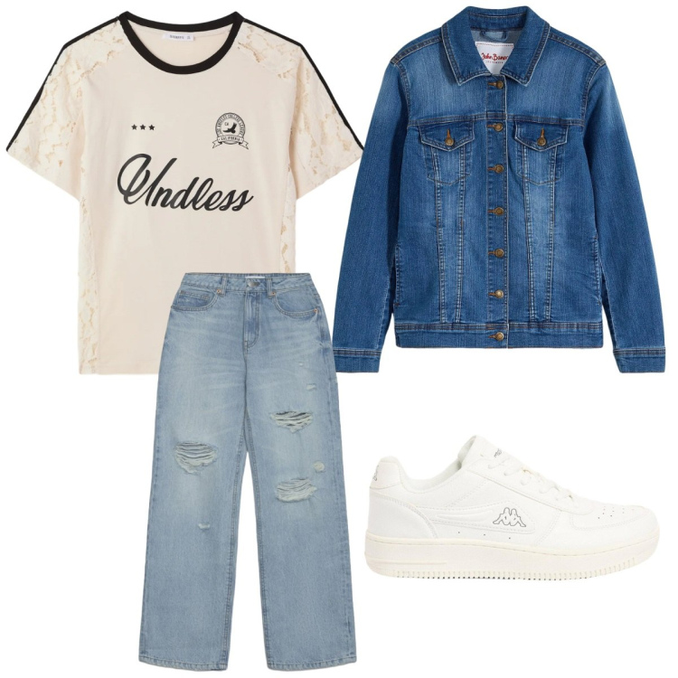 Outfit donna - Outfit per uscire con gli amici. Stile Basic per Tutti i giorni. Abbinamento con blazer, sneakers, jeans strappati, t-shirt.