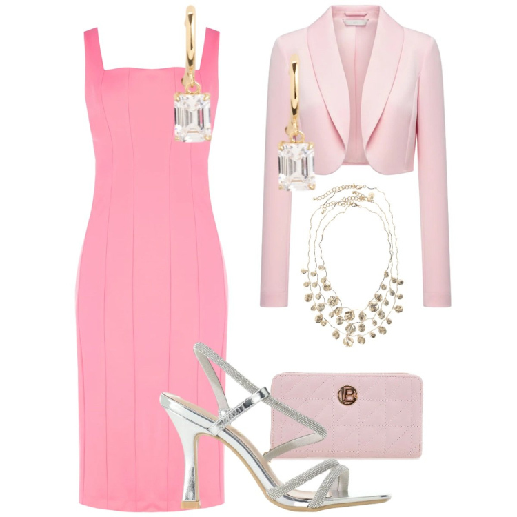 Outfit donna - Total look #2399948. Stile Glamour per Cerimonia. Abbinamento con sandali col tacco, vestiti midi/longuette, blazer, collane, orecchini, portafogli.