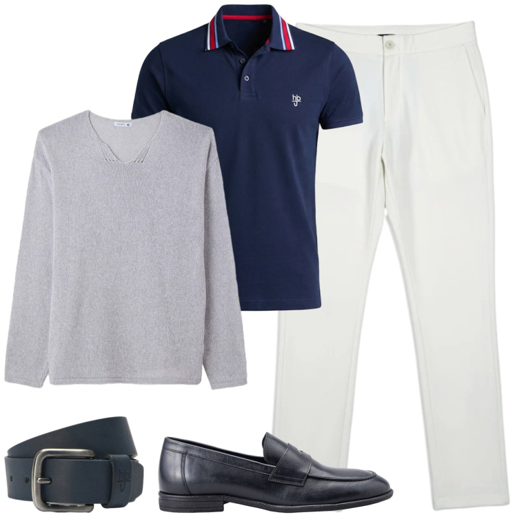 Outfit uomo - Polo protagonista. Stile Casual per Tutti i giorni. Abbinamento con maglieria, polo, cinture, scarpe stringate, pantaloni.