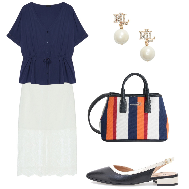 Outfit donna - Light Steps. Stile Casual chic per Cerimonia. Abbinamento con shopping bag, gonne longuette, bluse, orecchini, ballerine.