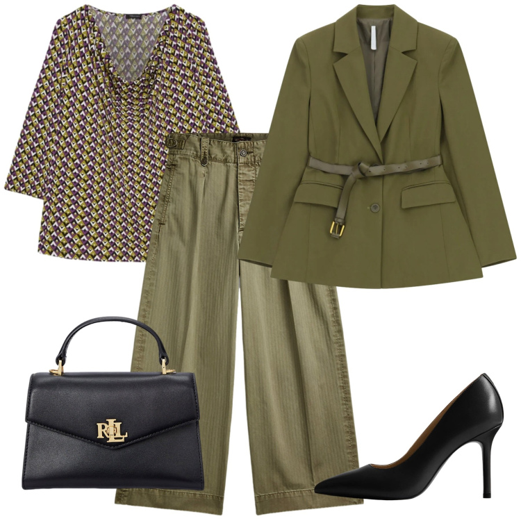 Outfit donna - In ufficio. Stile Casual chic per Ufficio. Abbinamento con blazer, t-shirt, pantaloni, borse a mano, décolleté.