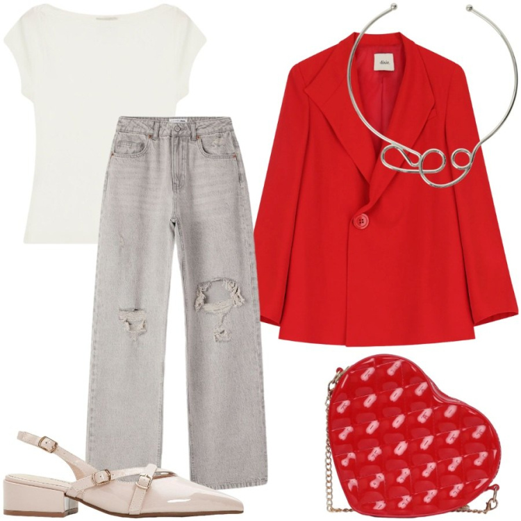 Outfit donna - Festa di compleanno. Stile Casual chic per Serata fuori. Abbinamento con décolleté, borse a tracolla, jeans strappati, blazer, collane, top.