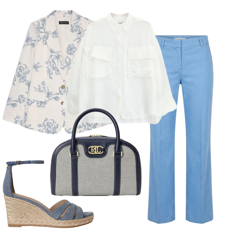Outfit donna - In ufficio. Stile Casual per Ufficio. Abbinamento con pantaloni, camicie, blazer, zeppe, borse a mano.