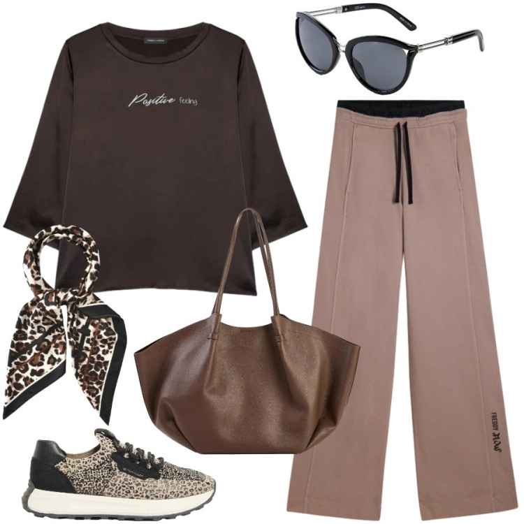 Outfit donna - City chic. Stile Urban per Tutti i giorni. Abbinamento con sneakers, occhiali da sole, shopping bag, foulard, bluse, pantaloni.