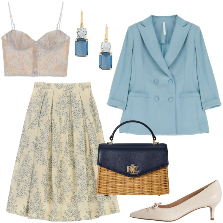 Outfit donna - Fascino rétro contemporaneo. Stile Vintage retrò per Cerimonia. Abbinamento con blazer, canottiere, gonne longuette, borse a mano, décolleté, orecchini.