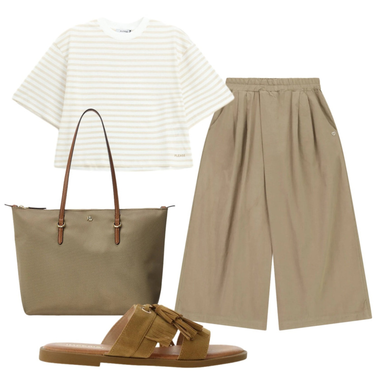 Outfit donna - Total look #2399976. Stile Casual per Ufficio. Abbinamento con pantaloni a palazzo, t-shirt, sandali, borse tote.