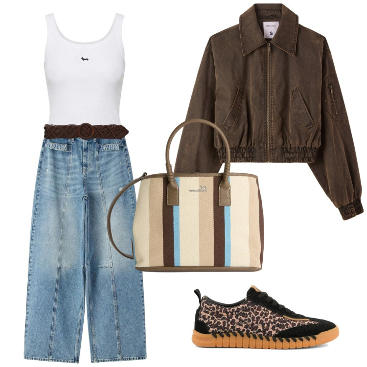 Outfit donna - Piccoli dettagli. Stile Casual per Tutti i giorni. Abbinamento con cinture, bomber, jeans, shopping bag, canottiere, sneakers.