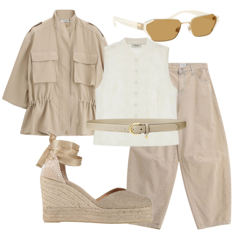 Outfit donna - Total look #2399978. Stile Minimal per Ufficio. Abbinamento con espadrillas, parka, jeans, top, cinture, occhiali da sole.