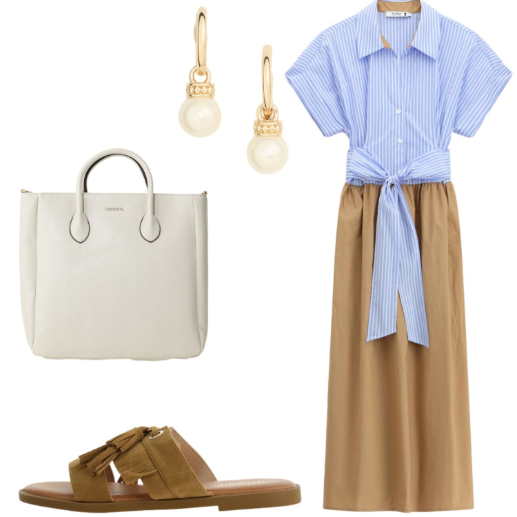 Outfit donna - Morbide combinazione. Stile Trendy per Tutti i giorni. Abbinamento con vestiti midi/longuette, borse a tracolla, sandali, orecchini.