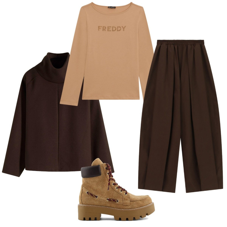 Outfit donna - Total look #2399984. Stile Minimal Abbinamento con maglieria, pantaloni a palazzo, t-shirt, stivaletti.
