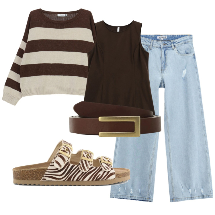 Outfit donna - Total look #2399986. Stile Casual per Tutti i giorni. Abbinamento con maglieria, jeans, canottiere, cinture, sandali in pelle.