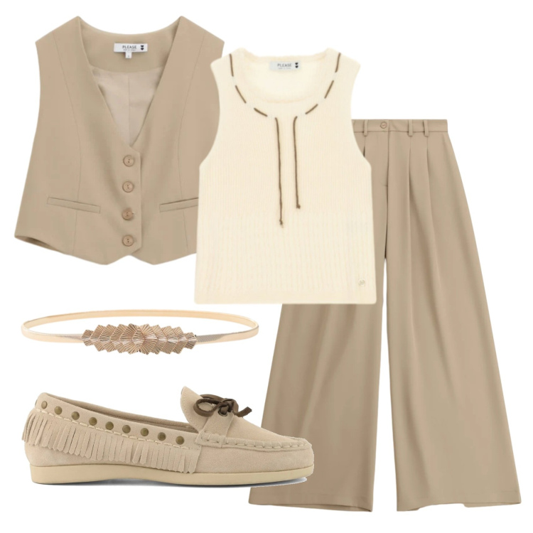 Outfit donna - Total look #2399989. Stile Mannish per Ufficio. Abbinamento con pantaloni a palazzo, gilet, top, cinture, mocassini.