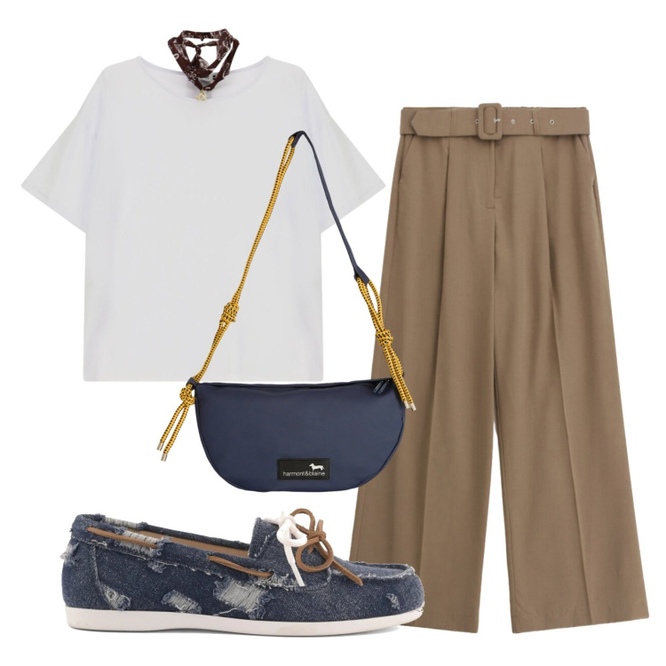 Outfit donna - Total look #2399990. Stile Casual per Tutti i giorni. Abbinamento con borse a tracolla, pantaloni a palazzo, t-shirt, mocassini.