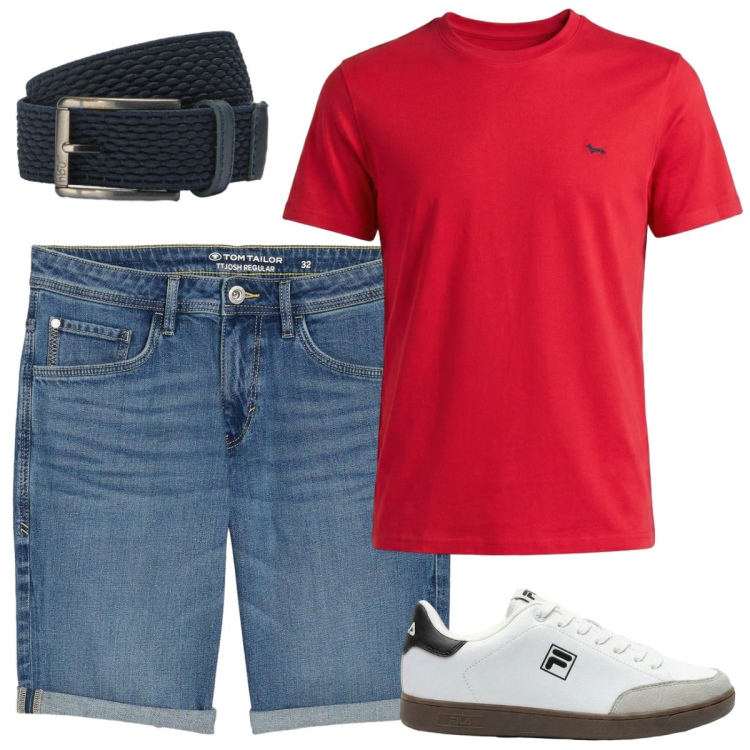Outfit uomo - Serata estiva. Stile Casual per Mare. Abbinamento con sneakers, bermuda, t-shirt, cinture.