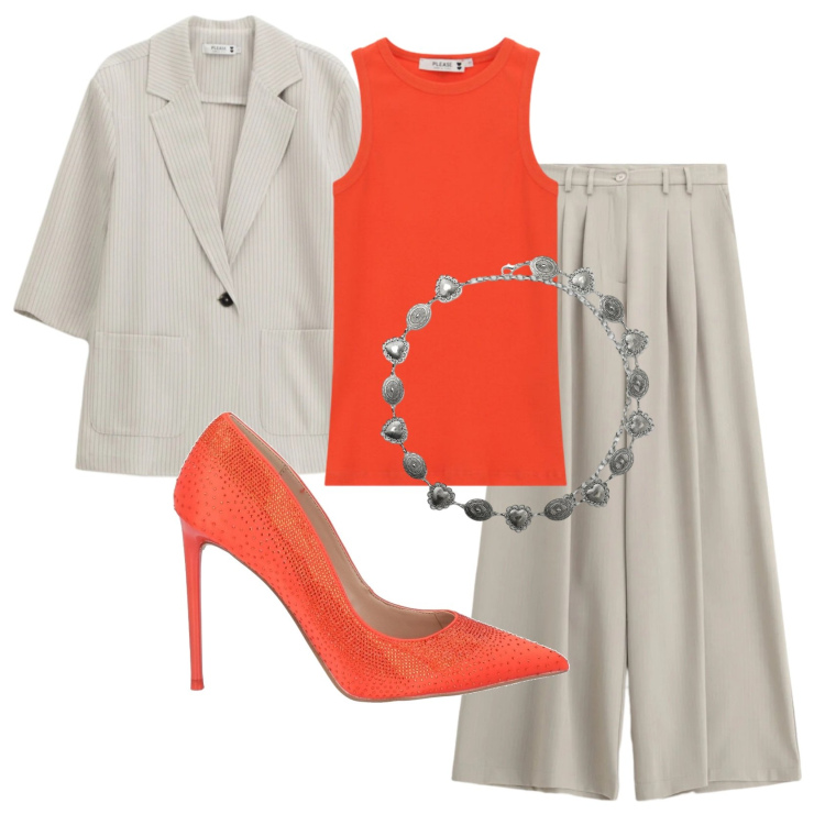 Outfit donna - Total look #2399993. Stile Mannish per Ufficio. Abbinamento con décolleté, cinture, blazer, pantaloni a palazzo, top.