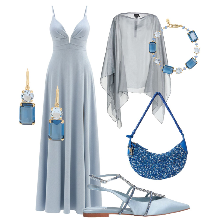 Outfit donna - Dettagli luminosi. Stile Chic per Cerimonia. Abbinamento con ballerine, cappotti, vestiti lunghi, orecchini, borse a spalla, braccialetti.