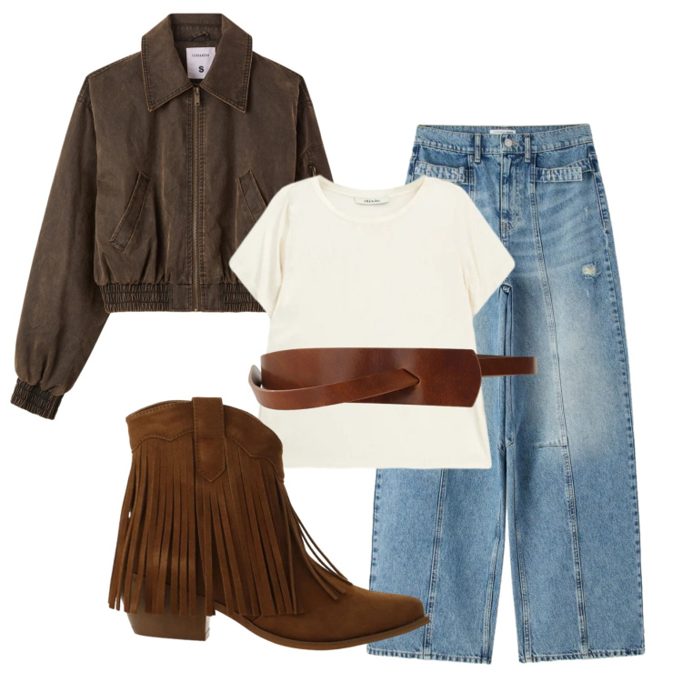 Outfit donna - Total look #2400006. Stile Casual per Tutti i giorni. Abbinamento con bomber, jeans, stivaletti texani, t-shirt, cinture.