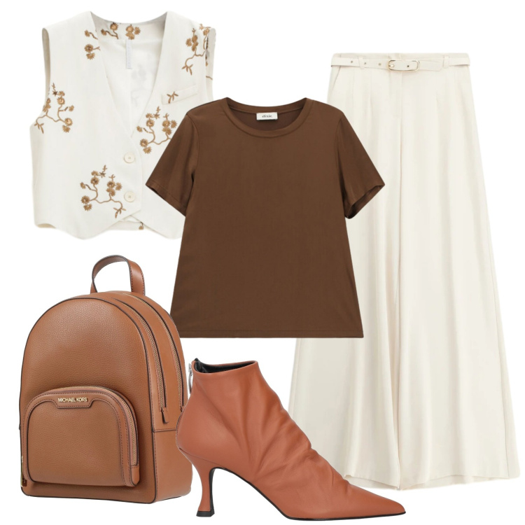 Outfit donna - Total look #2400009. Stile Chic per Ufficio. Abbinamento con stivaletti, zaini, gilet, pantaloni a palazzo, t-shirt.