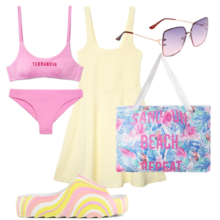 Outfit donna - Total look #2400011. Stile Vintage retrò per Mare. Abbinamento con occhiali da sole, borse tote, vestiti corti, bikini, bikini, ciabatte.