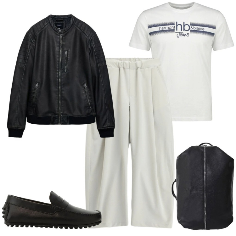 Outfit uomo - 92. Dune mosse. Stile Casual per Ufficio. Abbinamento con giacche, scarpe stringate, borse sportive, pantaloni a palazzo, t-shirt.