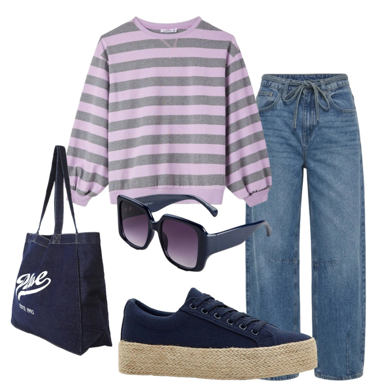 Outfit donna - Total look #2400013. Stile Sporty chic per Scuola/Università. Abbinamento con sneakers, occhiali da sole, jeans, t-shirt, shopping bag.