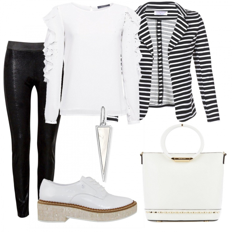 Outfit donna - Trendy #4803. Stile Trendy per Tutti i giorni. Abbinamento con giacca nero, camicia bianco, scarpe stringate con plateau effetto vernice bianco, pantalone nero, portachiavi secchiello con borchie e zip con tracolla regolabile bianco, orecchini.