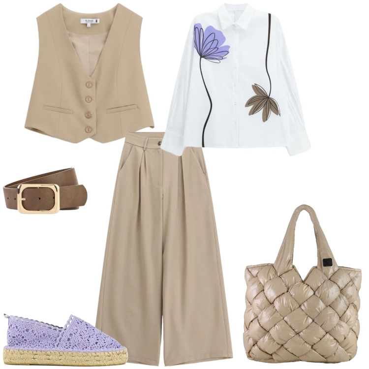 Outfit donna - Ogni giorno. Stile Casual per Tutti i giorni. Abbinamento con cinture, gilet, camicie, pantaloni a palazzo, borse tote, espadrillas.
