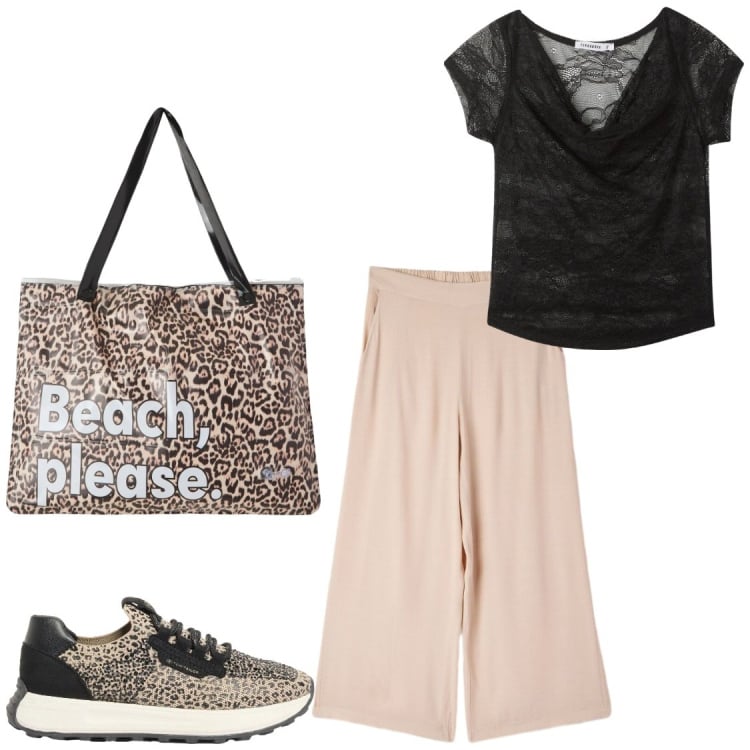 Outfit donna - Di corsa. Stile Casual chic per Tutti i giorni. Abbinamento con sneakers, borse tote, t-shirt, pantaloni a palazzo.