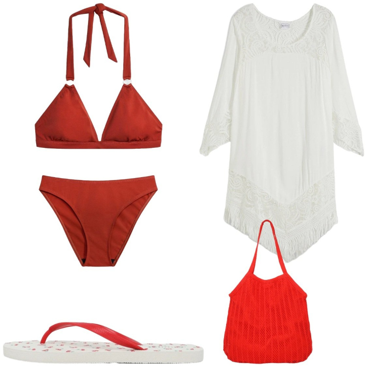 Outfit donna - Rosso#preparativi. Stile Chic per Mare. Abbinamento con vestiti da spiaggia, bikini, shopping bag, infradito.