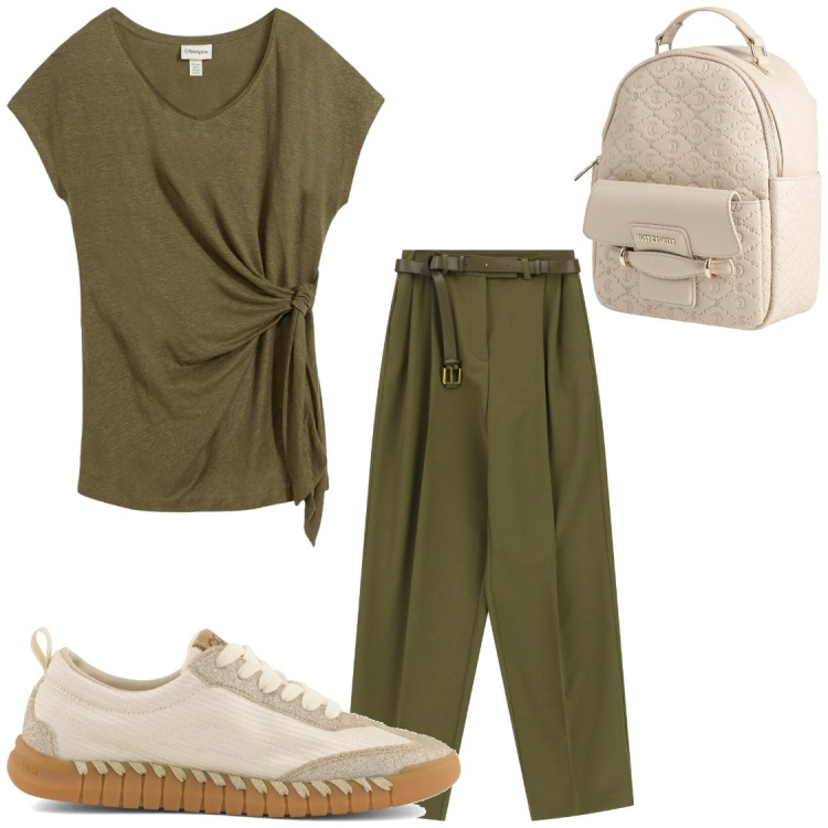 Outfit donna - Di corsa. Stile Casual chic per Tutti i giorni. Abbinamento con zaini, t-shirt, pantaloni a palazzo, sneakers.