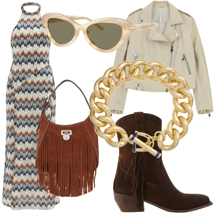 Outfit donna - Hippy. Stile Rock per Cerimonia. Abbinamento con giacche, vestiti lunghi, stivali, occhiali da sole, braccialetti, borse a tracolla.