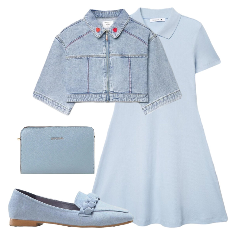 Outfit donna - Sky Blue Soft Chic. Stile Casual per Tutti i giorni. Abbinamento con mocassini, vestiti, cappotti, borse a tracolla, collant, cappelli con visiera.