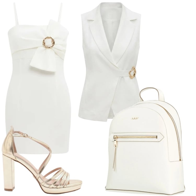 Outfit donna - Total White. Stile Sexy per Serata fuori. Abbinamento con zaini, sandali col tacco, vestiti corti, gilet.