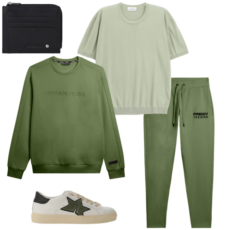 Outfit uomo - Sabato mattina. Stile Casual per Tutti i giorni. Abbinamento con t-shirt, sneakers, portafogli, pantaloni, felpe.