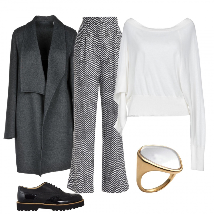 Outfit donna - Chic #2334. Stile Chic per Ufficio. Abbinamento con pullovers, pantalone effetto spinato vita alta con zip e pieghe, cappotto scollatura profonda a maniche lunghe interno sfoderato in lana tinta unita, anello, scarpe stringate stringate contrasto effetto vernice.