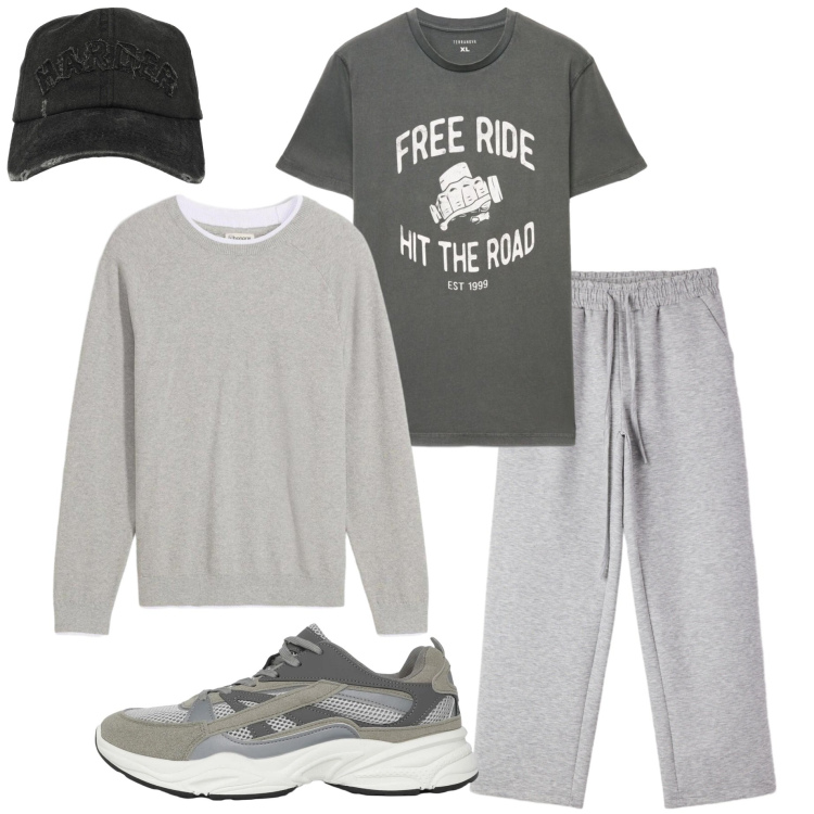 Outfit uomo - Giornata relax. Stile Casual per Tutti i giorni. Abbinamento con maglieria, sneakers, cappelli con visiera, pantaloni, t-shirt.