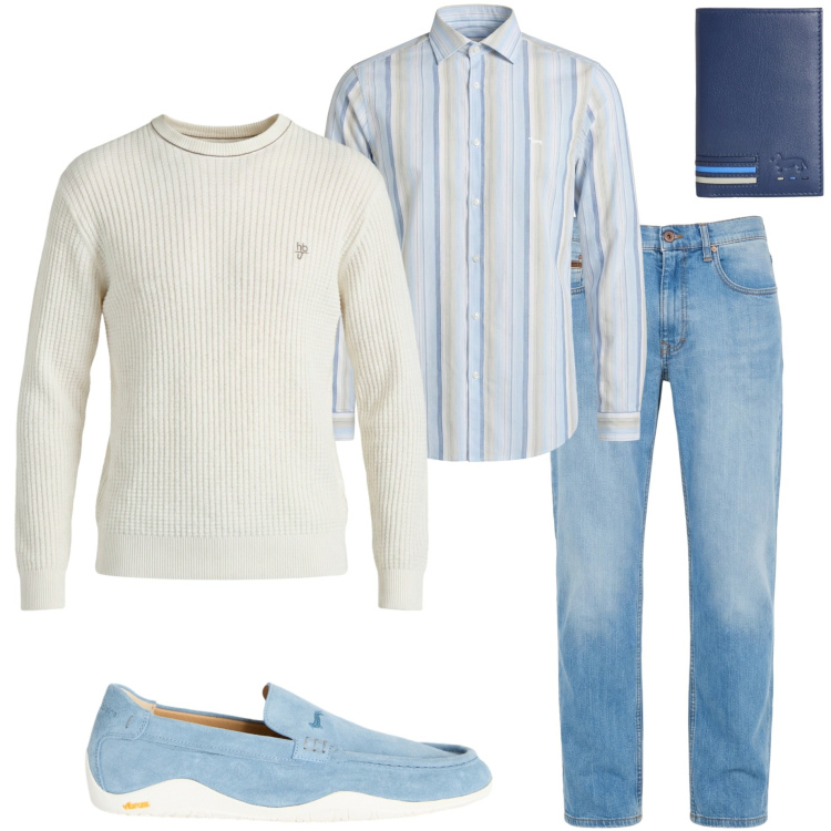 Outfit uomo - Casual chic. Stile Casual per Tutti i giorni. Abbinamento con jeans, portafogli, camicie, scarpe stringate, maglieria.